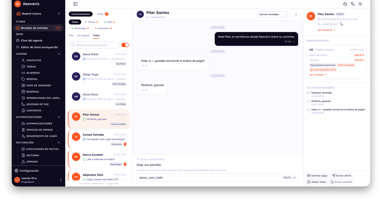 Bandeja de conversaciones real de Keevaris, con contratos, pagos y actividad reciente de un inquilino