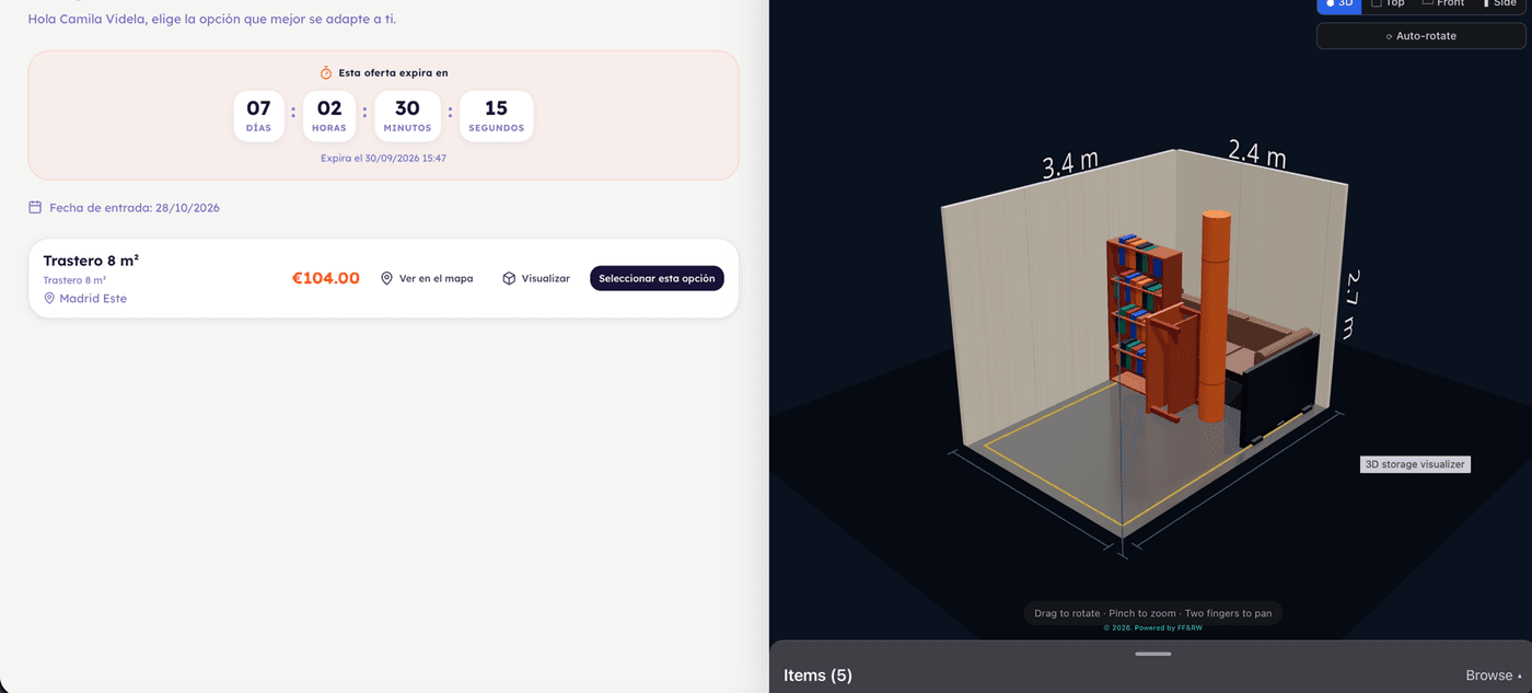 Visualizador 3D real del trastero con los muebles del cliente